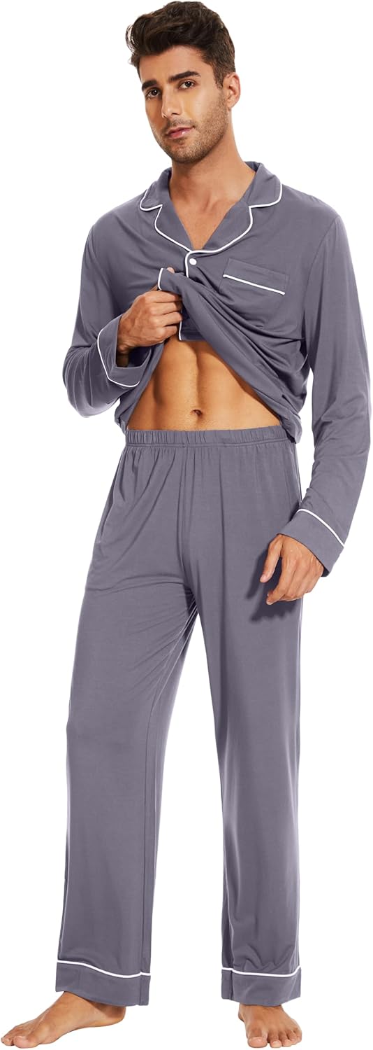 WiWi Men's Pajama Set Soft Sleepwear Button Down Pajamas Sets Classic Notch Collar Loungewear Viscose from Bamboo Pjs S-XXL - Image 3