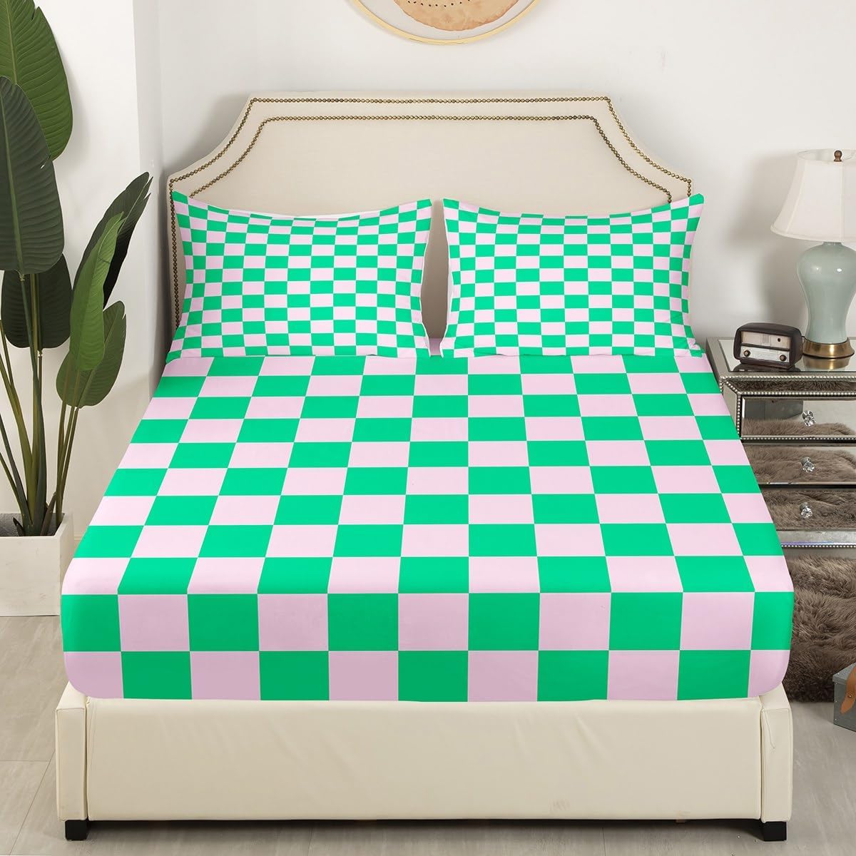 Geometric Plaids Patchwork Kids Sheet Twin Size,Abstract Grids Checkerboard Boys Girls Bedding Set,Checkered Latticed Modern Pink Green Bed Sheet Set 3pcs(Fitted + Flat + 1 Pillowcase) - Image 3