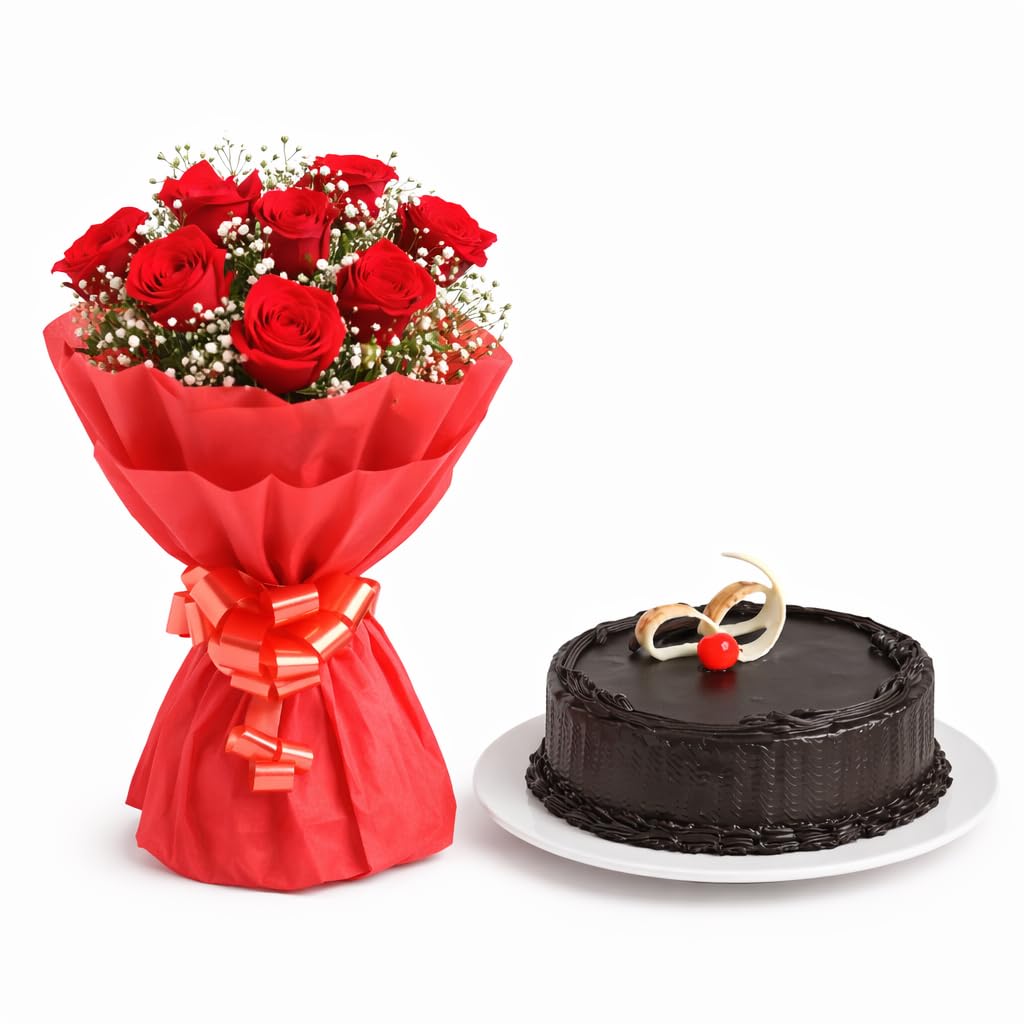 Bigwishbox Combo | Fresh 12 Red Roses with Eggless Chocolate Truffle Cake 500g-image-41