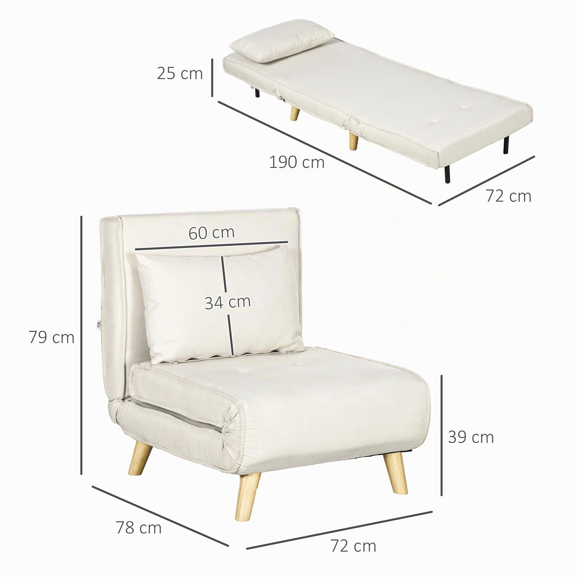 HOMCOM Poltrona Letto Singolo 2 in 1, Schienale Regolabile 6 Livelli, Beige