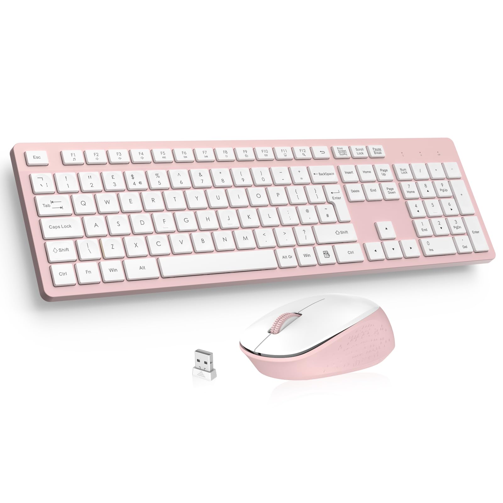 LeadsaiL Pink Wireless Keyboard and Mouse Set, 2.4GHz USB Computer Keyboards and Mouse for Office, UK Layout, Ergonomic Design with 12 Multimedia Shortcuts for Windows Laptop PC - Pink and White
