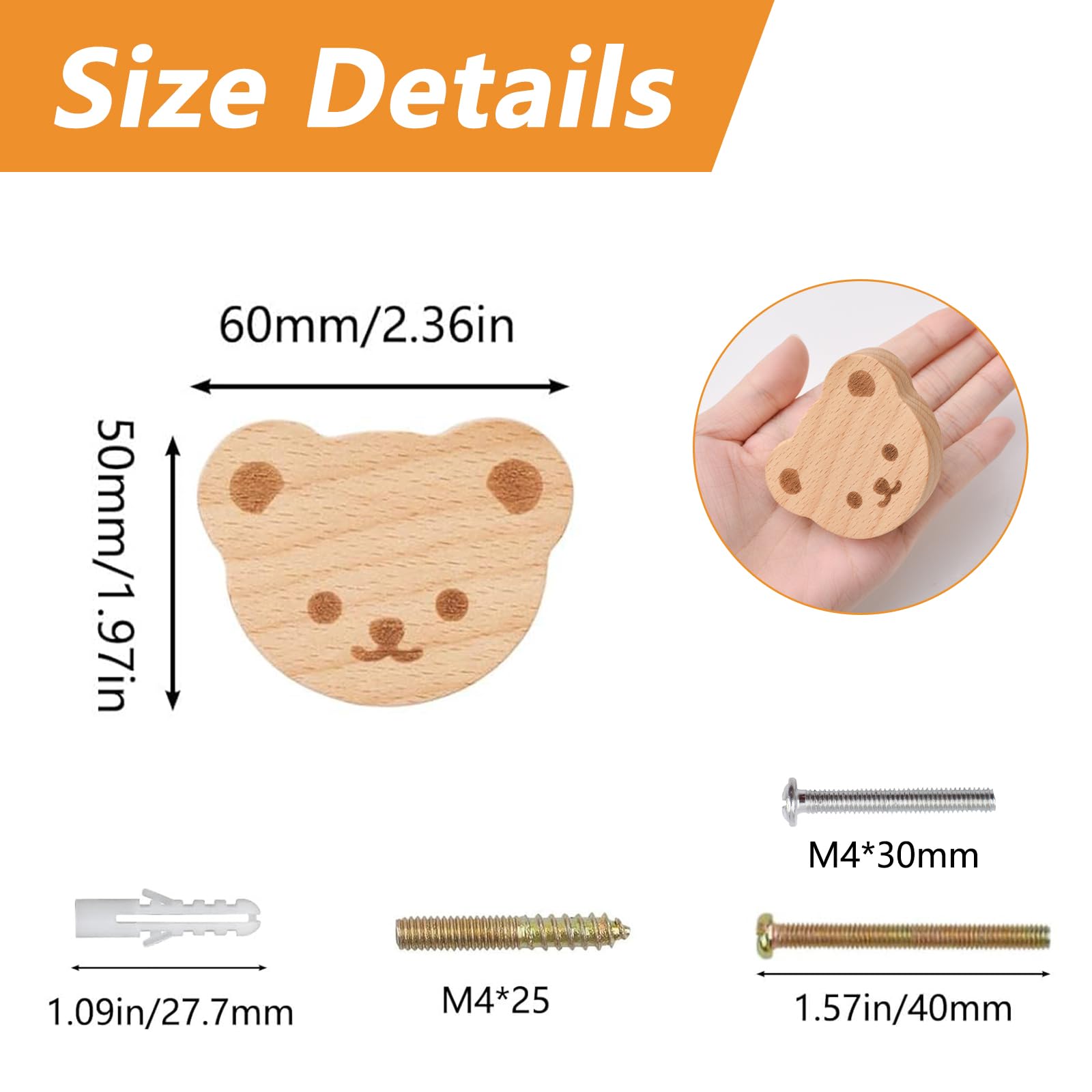 MOROBOR 6PCS Bear Shaped Wooden Knobs Single Hole Beech Wood Handles Wood Cupboard Cabinet Handles Knobs for Chest of Drawers with Screws& Expansion Tube - Image 2