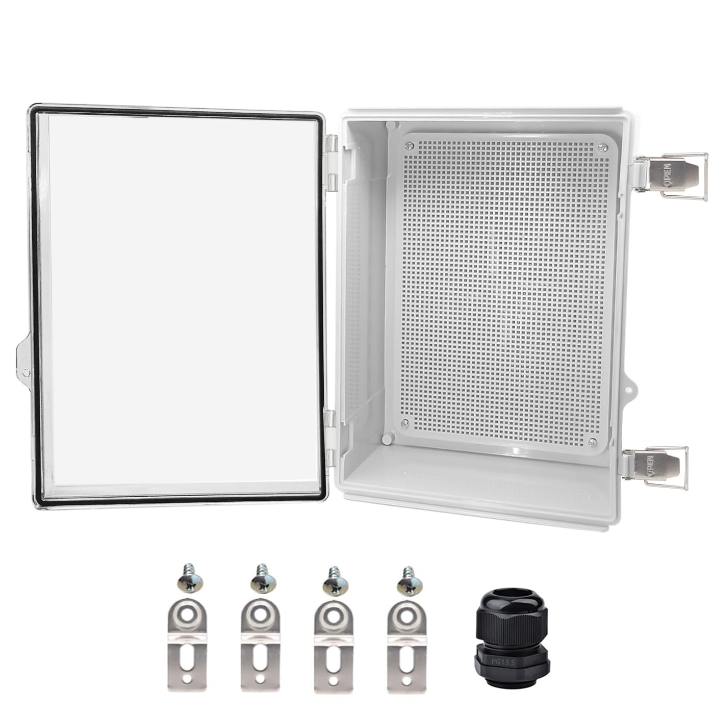 Caja eléctrica impermeable, caja de conexiones IP67, cierre de acero inoxidable, tapa transparente, recinto para proyectos con soporte de pared, 14.6 x 10.6 x 5.9 pulgadas