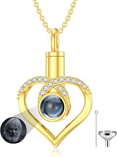 14K Gold Projection Urn Necklace for Ashes, 10K 14K 18K Real Gold Photo Projection Heart Cremation Necklace Jewelry with Moissanite for Women Men Keepsake Necklace Memorial Locket Ash Holder