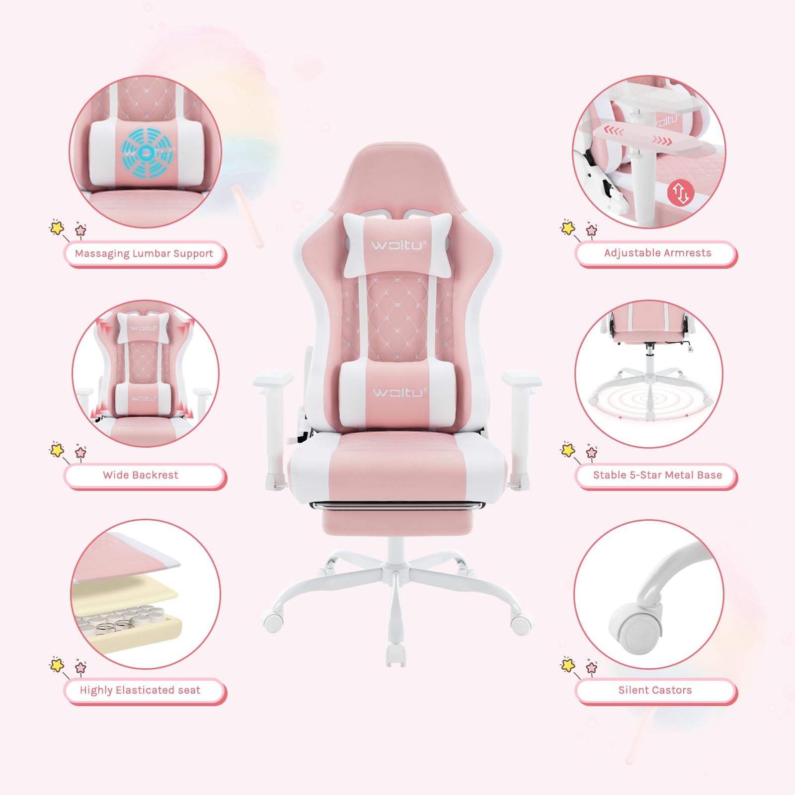 WOLTU Silla Gaming con Masajeador, Silla Ergonómica Escritorio, con Reposacabezas y Soporte Lumbar, Asiento Ancho, 150 kg, Tela de Malla, Rosa+Blanco
