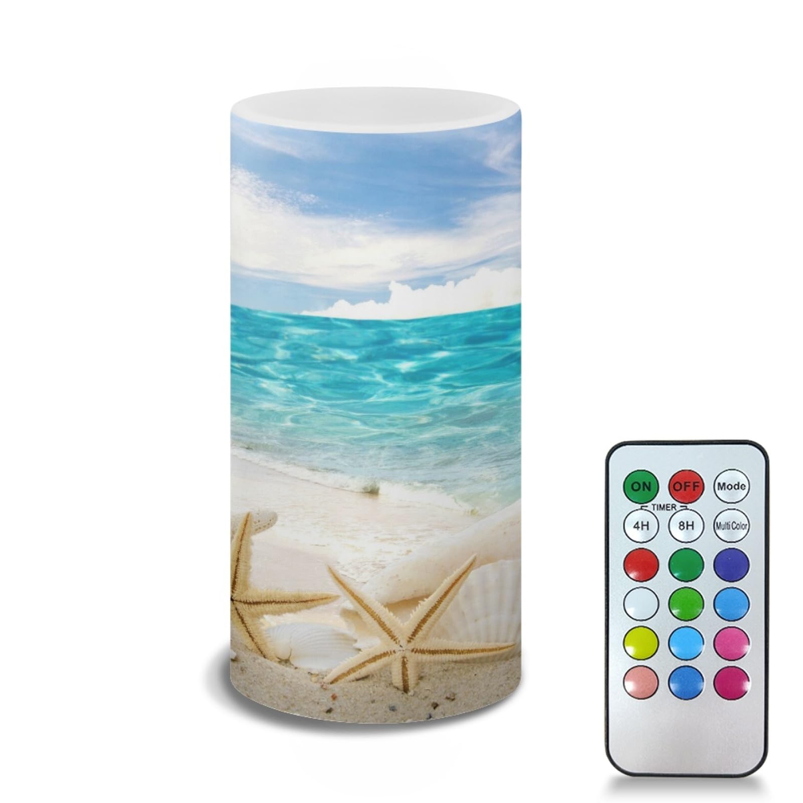 TOADDMOS Summer Beach Print LED Flameless Flickering Votive Tea Lights Candle Battery Operated Electric Fake Candles with Timer Remote Control