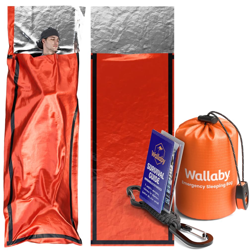 Wallaby 2-Pack Emergency Mylar Sleeping Bags with Nylon Pouches Whistle Pull Paracord with Carabiners Free Survival Guide Thermal