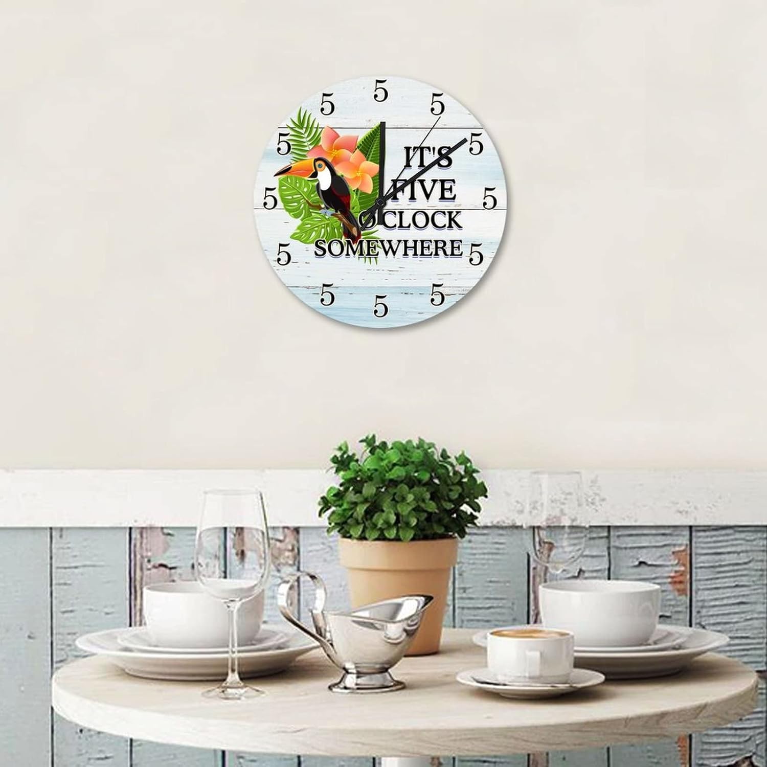 It's 5 O'Clock Somewhere Parrot Wooden Wall Clocks 12 Inch Bird Tropical Fruit Wooden Quartz Analog Quiet Round Clock for Home/Office/Kitchen Decor