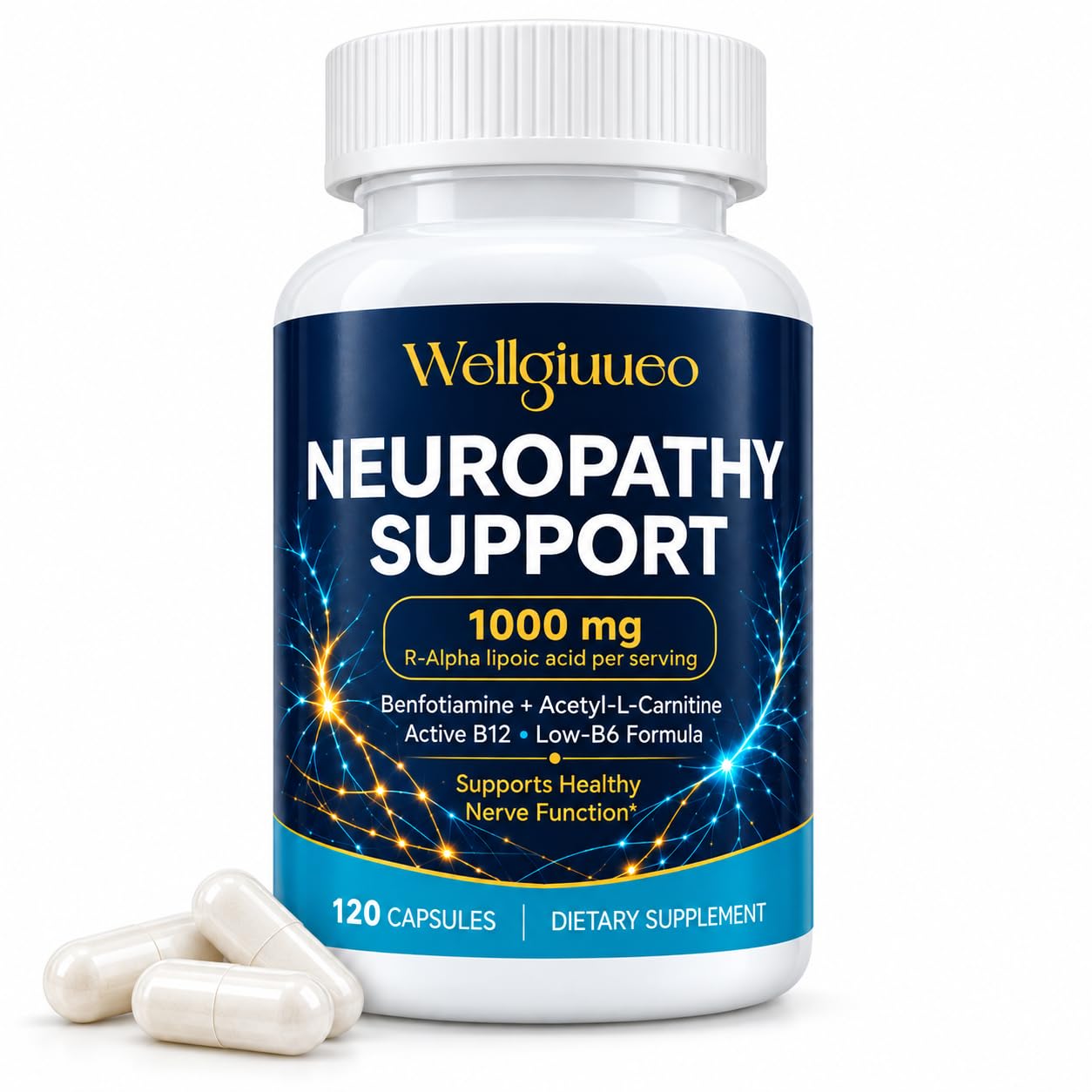 Neuropathy Supplement | R-Alpha Lipoic Acid 1000 mg, Advanced Nerve Support with Vitamins B6, B12 for Feet, Hands, Antioxidant &amp; Cellular Energy Support, 120 Capsules