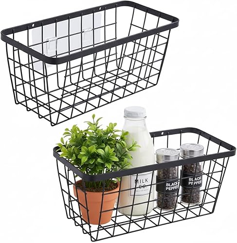 Paquete de 2 cestas colgantes de pared para organizar sobre la puerta del gabinete, cestas colgantes que ahorran espacio para organizar el