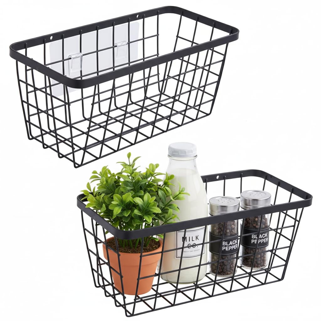 2 Pack Hanging Wall Basket Organizer Over the Cabinet Door Wire Baskets for Organizing -Space-Saving Hanging Baskets for