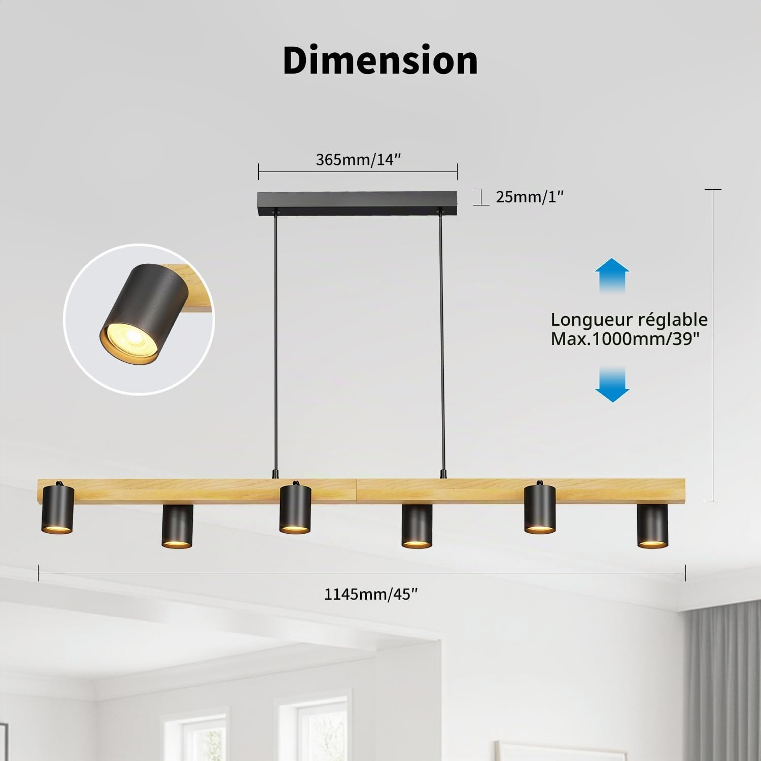 LVWIT Suspension Luminaire Industrielle à 6 Lumières,GU10 Suspension de Cuisine en Bois Noir pour îlot Central, Luminaire Salon 1145CM, Lustre Salle a Manger (Sans ampoule)