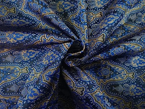 Brocart de soie au mètre, tissu jacquard bleu paon et noir 111cm pour robe de soirée