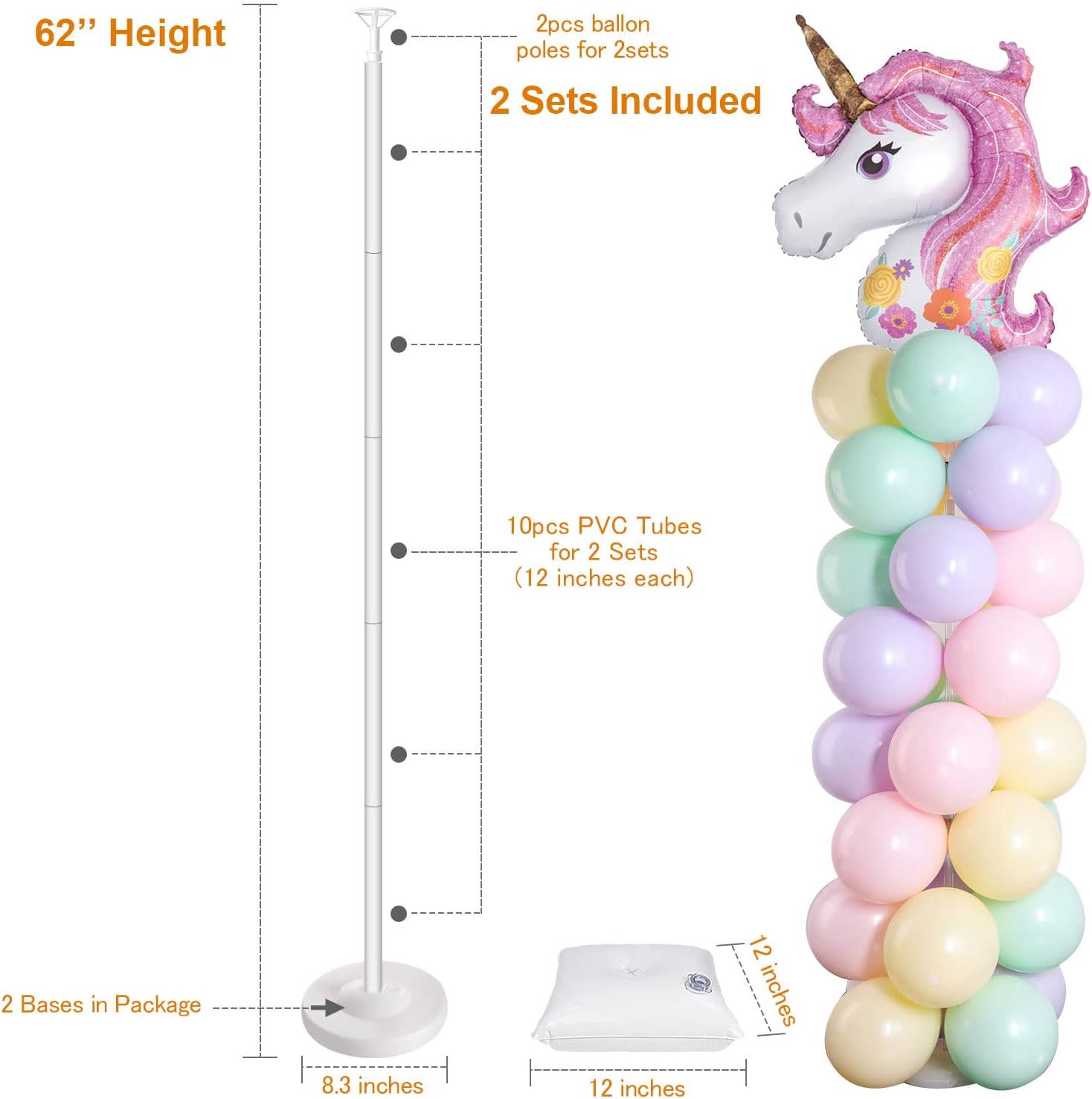 IDAODAN 2 Set Balloon Column Kit for Kids, Balloon Column Stand with Base, 65 inch Height Balloon Tower Stand for Wedding Baby Shower Birthday Party Event Decorations