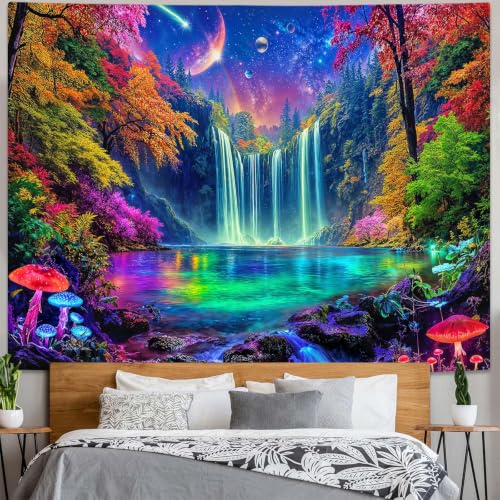 AMM Blacklight Fantasy Waterfall Forest Tapestry 80x60 inch