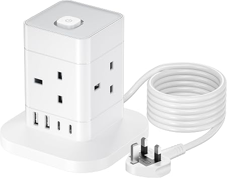 hotimy 5M Extension Lead with USB Slots,13A Cube Extension Lead with 2 USB A and 2 USB C Ports, 4 Way Plug Extension Socket with Switch Power Strip 5 Meters Long Extension Cord for Home Office