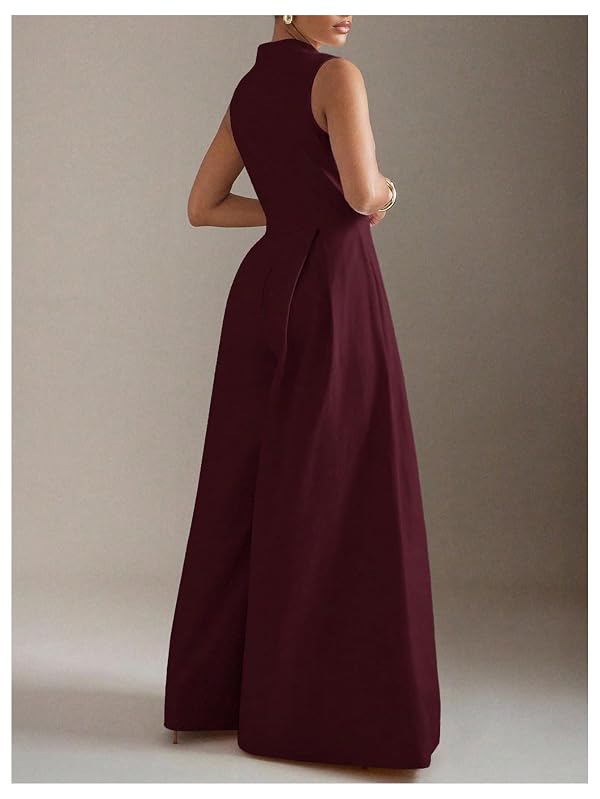 SOLY HUX Women's Zipper Front Wide Leg Jumpsuit Summer Mock Neck Sleeveless Elegant Romper Pure Burgundy Medium by SOLY HUX - Image 2