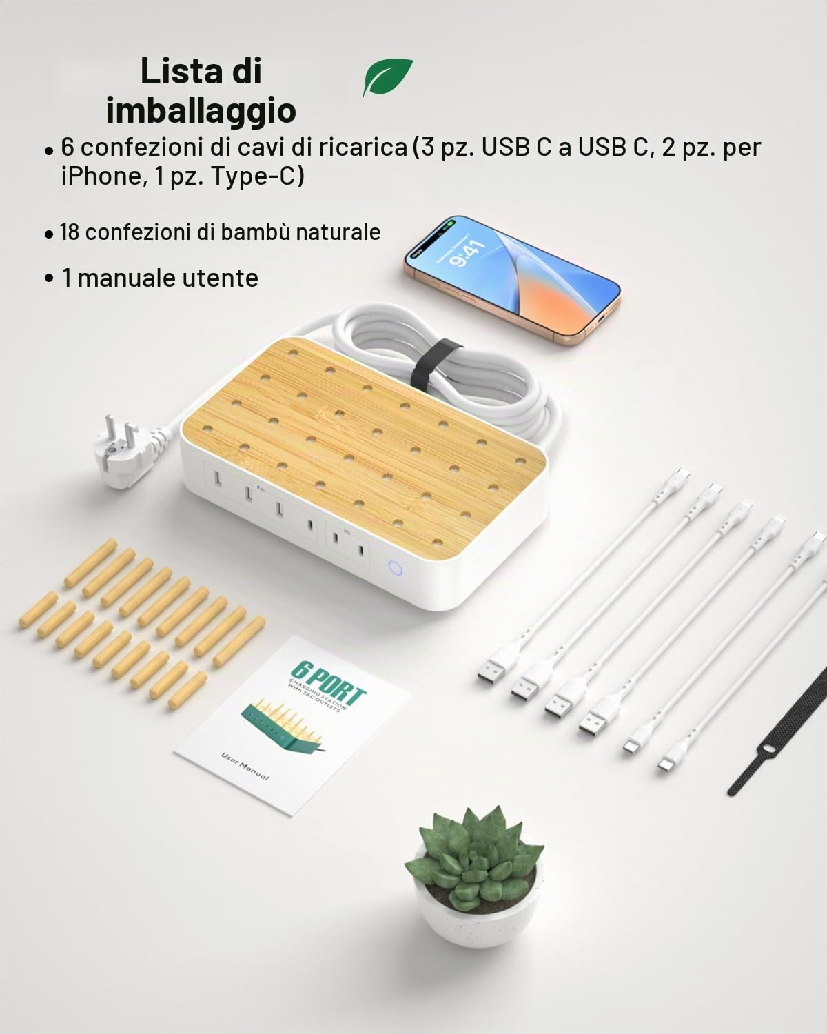 Stazione di Ricarica Bamboo da 60W per Più Dispositivi Con 3 Prese CA, 3 USB-C, 3 USB-A, Cavo di Alimentazione da 2m per IPhone, IPad, Tablet (6 Cavi Misti), Bianco