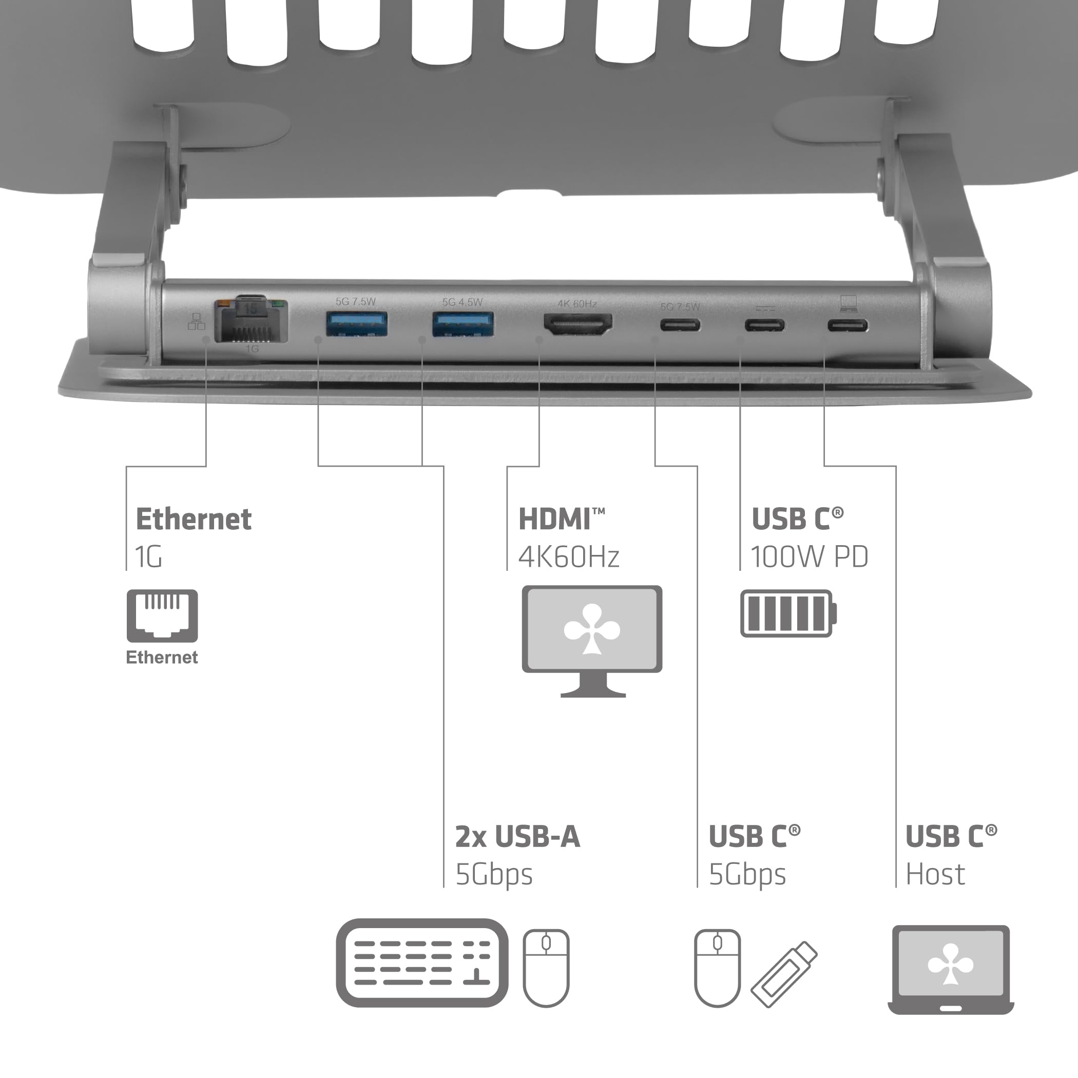 Club3D CSV-2554 - Supporto per laptop in alluminio regolabile con hub USB-C