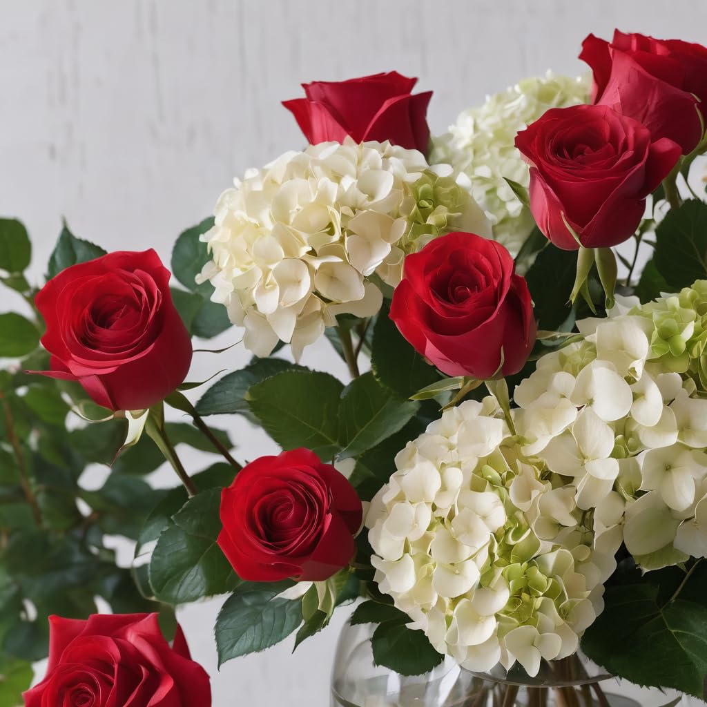 KaBloom - 6 Red rose and 2 White Hydrangeas - Fresh Flowers for Birthday, Valentine's & Mother's Day