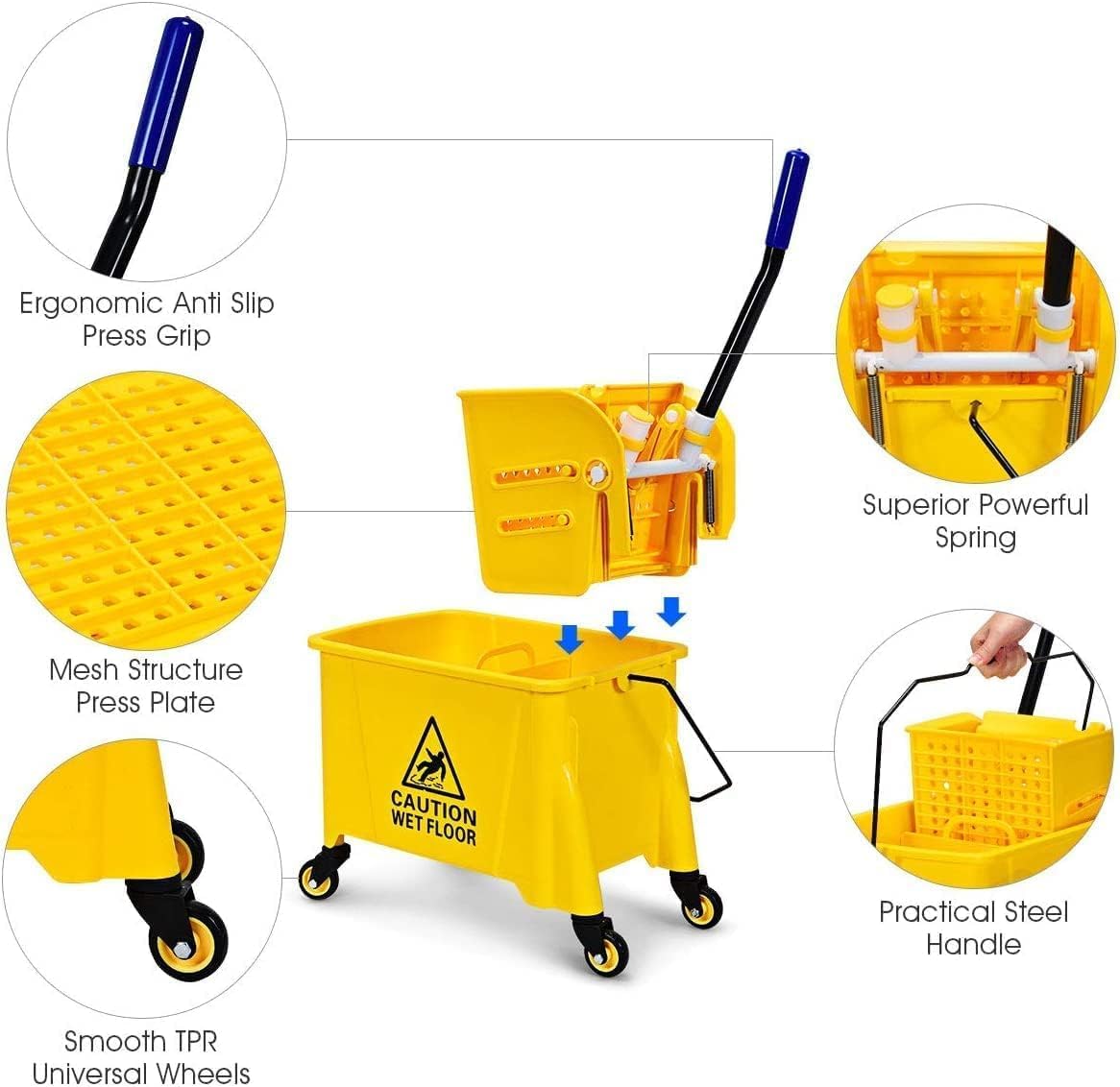 Commercial Mop Bucket on Wheels, Portable Mop Bucket with Side Press Wringer & Handle, Ideal for Household, Industrial Floor Cleaning, 21 Quar