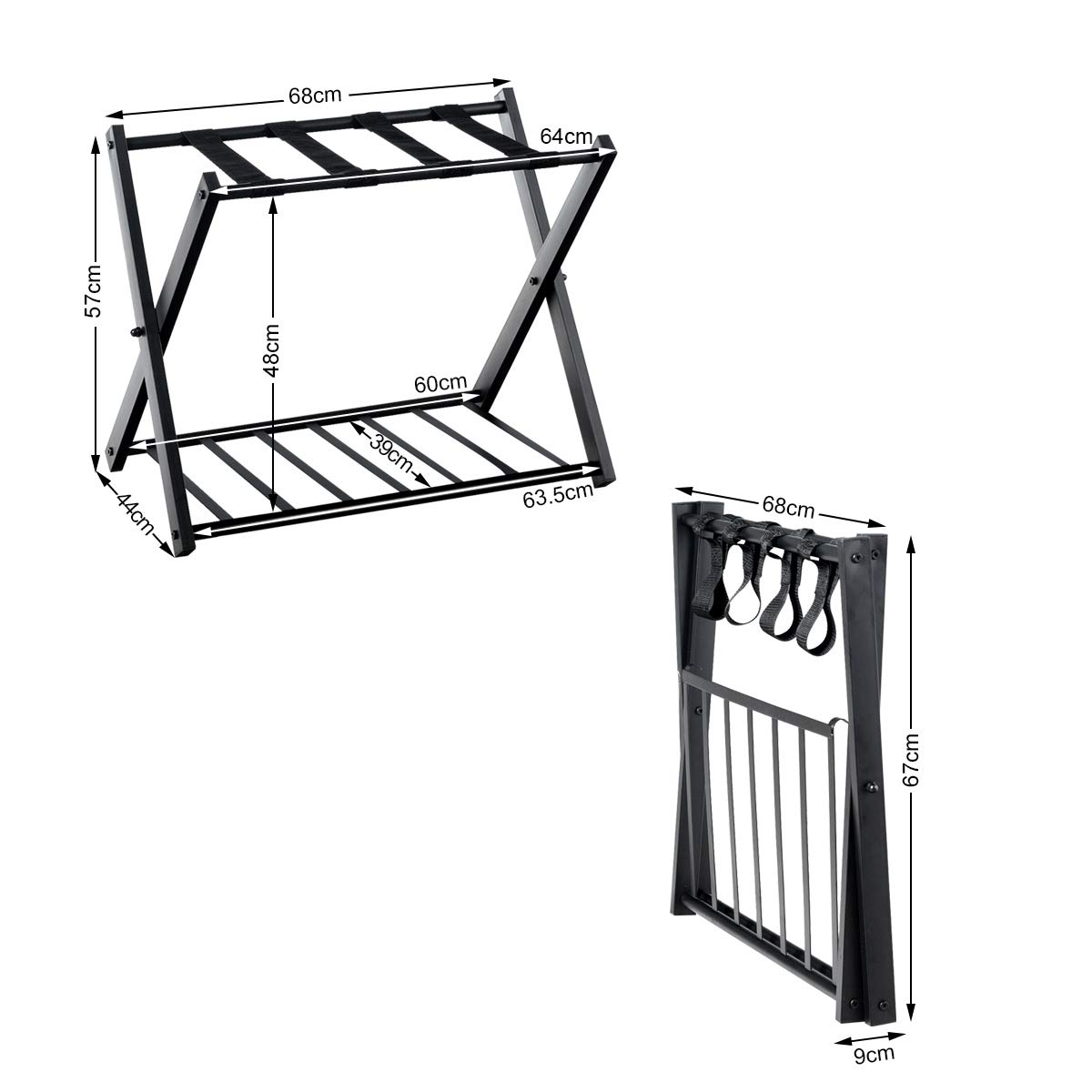DREAMADE Kofferständer Metall, Gepäckständer Klappbar, Gepäckablage 2 Ablagen, Kofferablage für Schlafzimmer, Wohnzimmer & Hotel, Ständer für Koffer & Gepäck, Schwarz (1 Pack)
