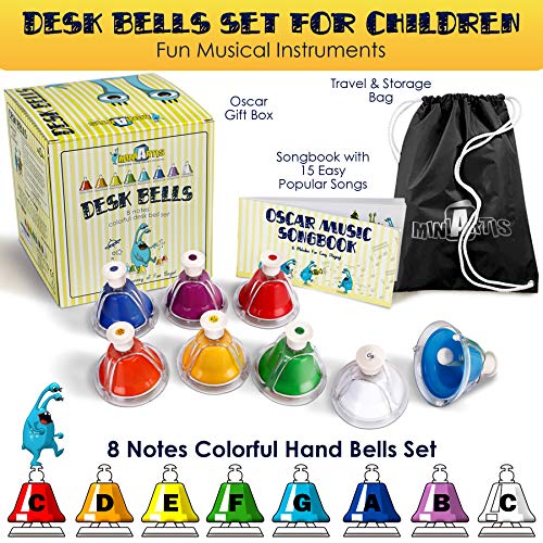 Miniartis Desk Bells For Kids | 8 Notes Diatonic Colorful Metal Hand Bells Set | Percussion Musical Instrument | Music Songbook & Carry Case | Great Holiday Birthday Gift For Children #TOP1