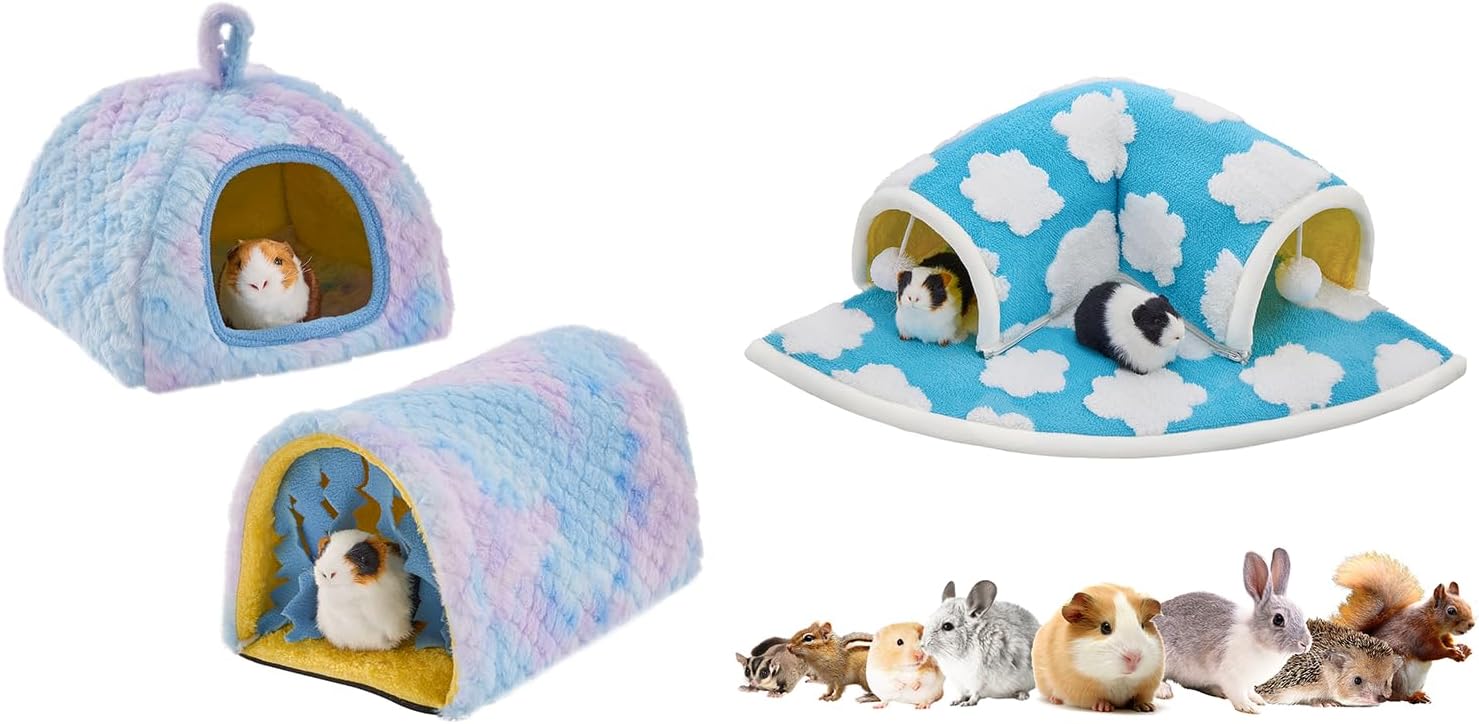 Avont 2 Pack Guinea Pig Hideout Bed and Tunnel Toys Set with Curtain Bundle with Large Guinea Pig Hideout Tunnel Bed