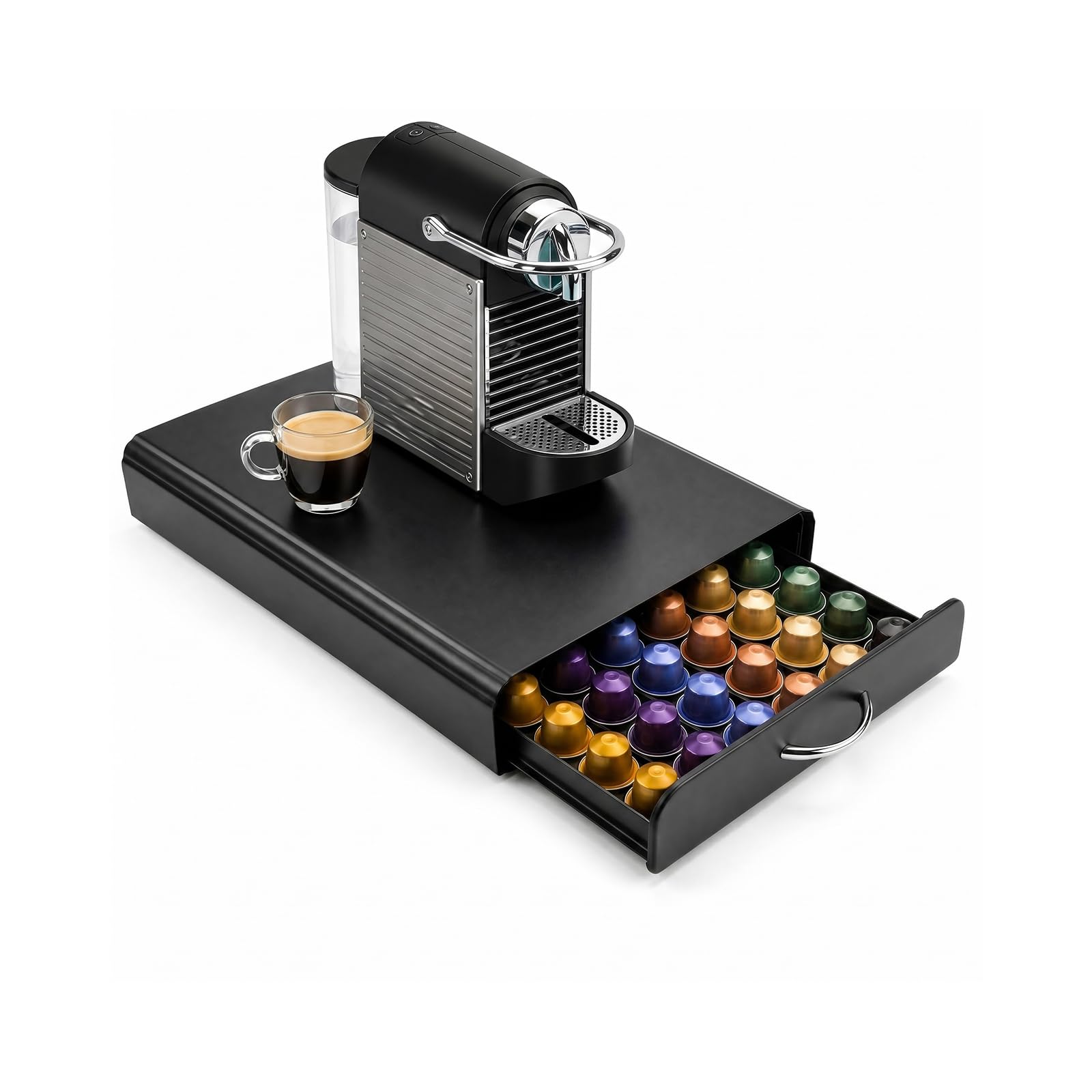 TOQUE Coffee Pod Holder, Coffee Pod Storage for 60 Pods, Coffee Machine Stand with Sliding Storage Drawer, Capsule Organizer for Nespresso OriginalLine Coffee Pods, Black