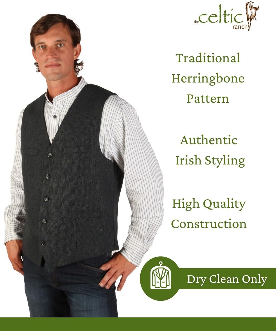 The Celtic Ranch Wool Blend Irish Tweed Mens Vest with Full Back, Adjustable Fabric Belt, 4 Pockets, and Herringbone Pattern - Image 3