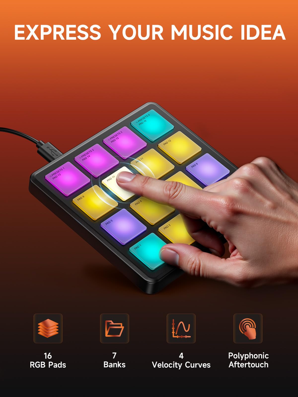 Donner Contrôleur MIDI Pad Beat Maker Machine, Boîte à Rythmes Portable avec 16 Pads de Rythme, Répétition de Notes et Logiciel de Production Musicale, Contrôleur MIDI USB avec 40 Cours,STARRYPAD MINI