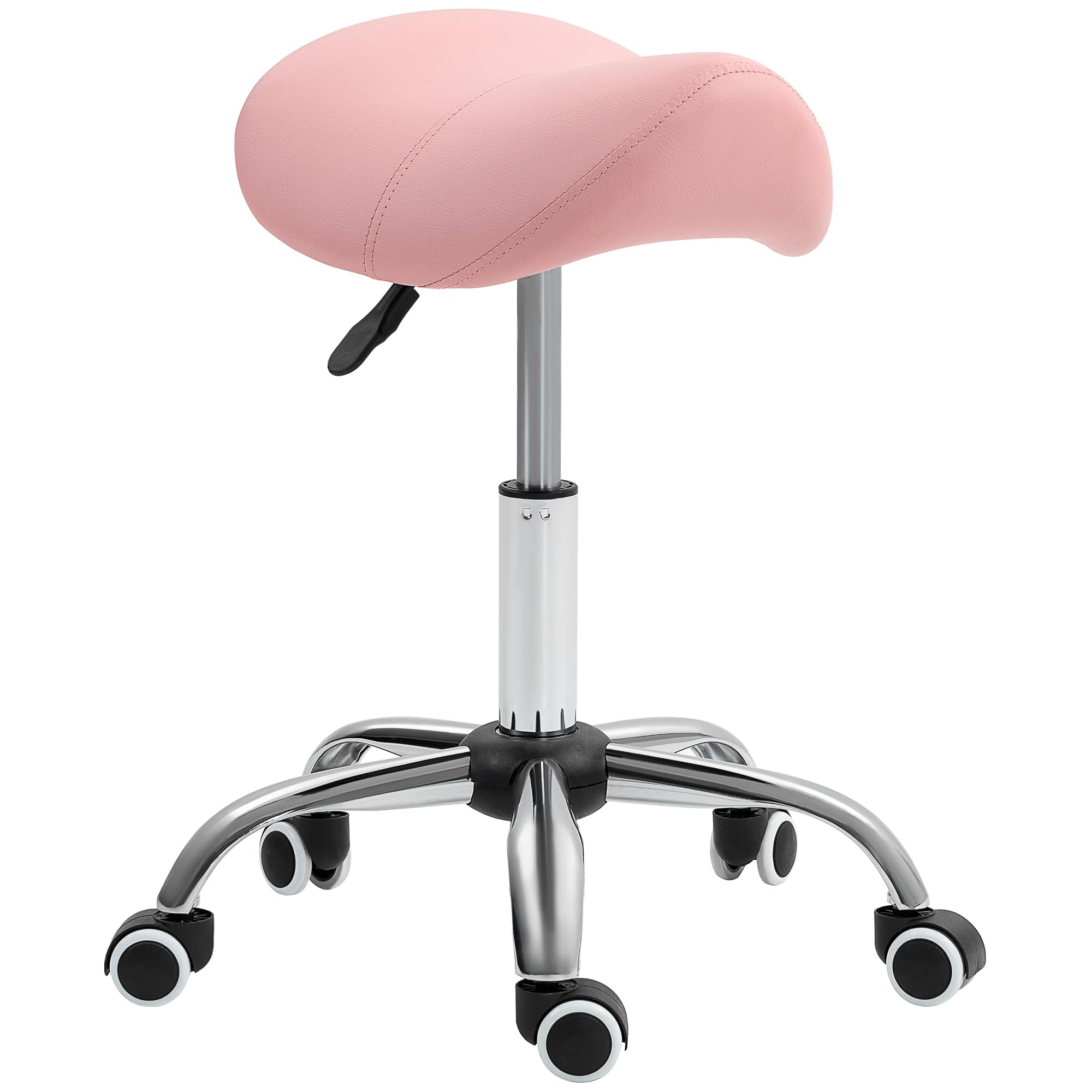 HOMCOM Cosmetic Stool 360° Rotate Height Adjustable Salon Massage Spa Chair Hydraulic Rolling Faux Leather Saddle Stool Mobility, Pink