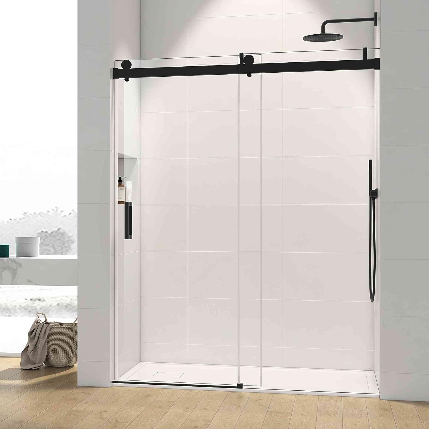 OMGOFrameless Single Sliding Shower Door, 56"- 60" W x 76" H, Noiseless Shatterproof Bathroom Gate with Square Rail and 0.4" Clear Tempered Glass and Buffer Function
