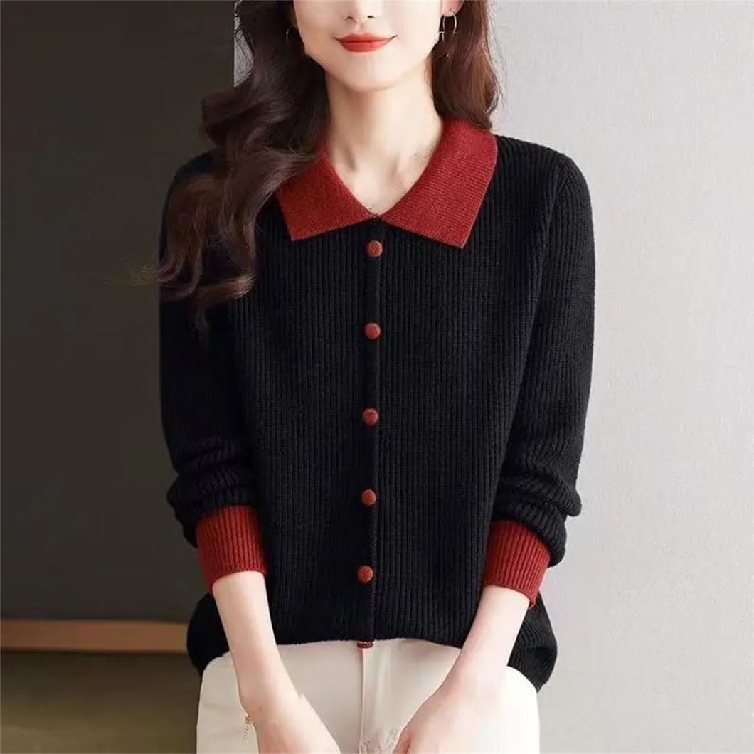Women's Lapel Knit Top for Spring Fall Loose Fashion Base Layer Sweater for Inner and Outer Wear
