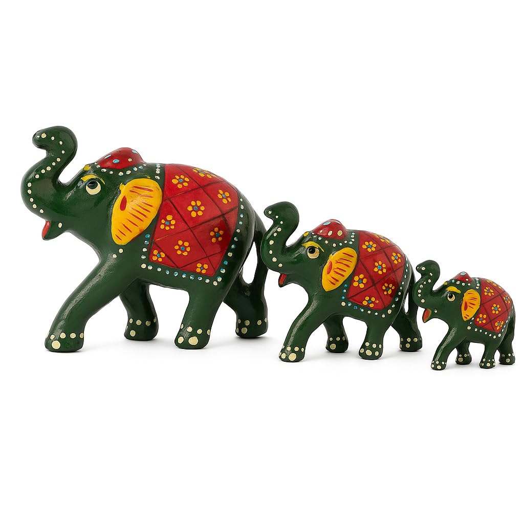 DreamKraft Paper Mache Elephant Showpiece, Standard, Green, 3 Piece, Home Decor, Cultural, Traditional, Festive