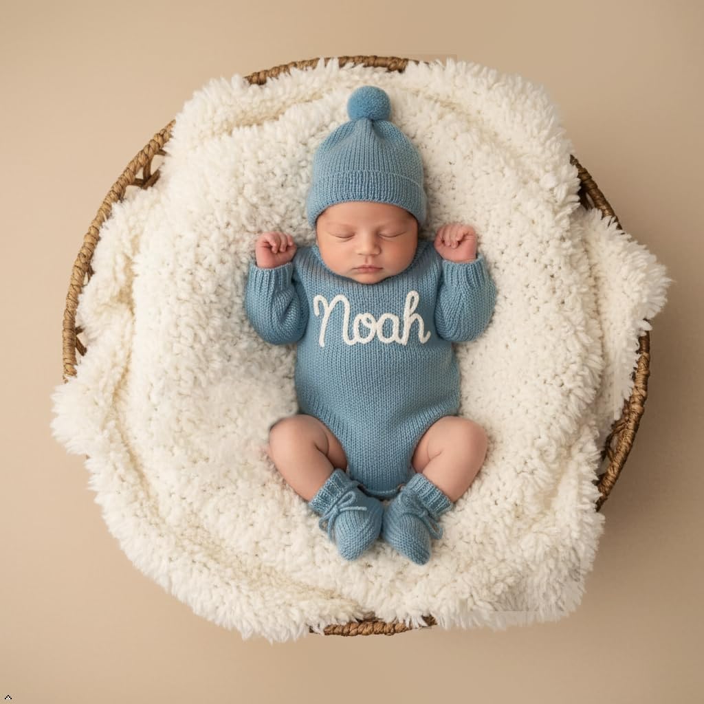 Personalized Embroidered Name Baby Romper Set, Newborn Coming Home Outfit, Cotton Knit Long Sleeve Sweater Romper, Gender Neutral Gift Pink