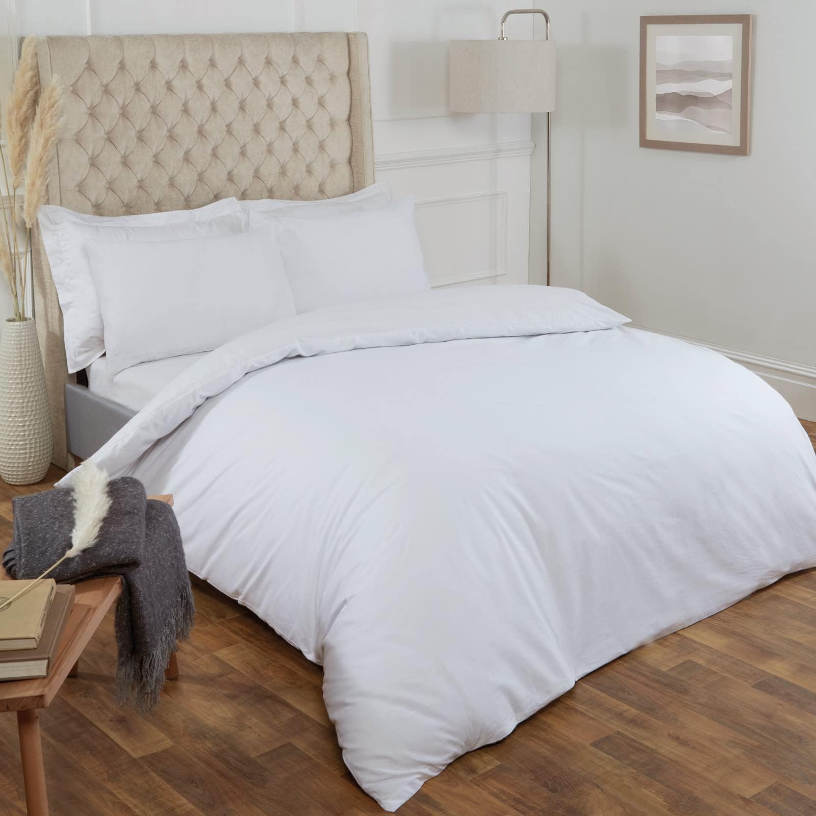 Highams 100% Cotton Double Duvet Cover Set, Super Soft Absorbent 200 Thread Count Luxury Plain Dyed Double Quilt Bedding Set with Pillowcases, White