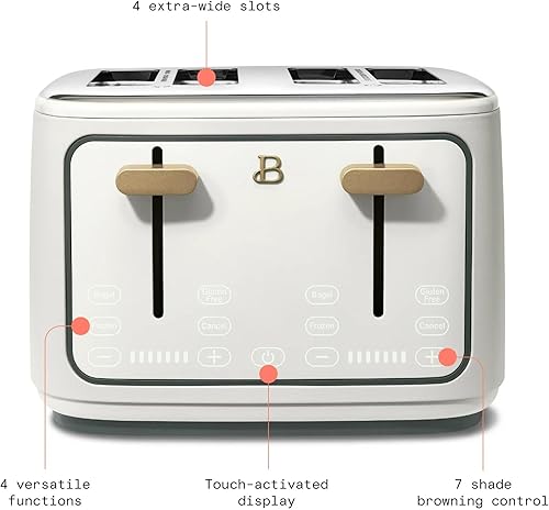 Miniatura 3 de Hermosa tostadora activada por tacto de 4 rebanadas por Drew Barrymore - glaseado blanco, ranuras extra anchas, pantalla digital de cuenta