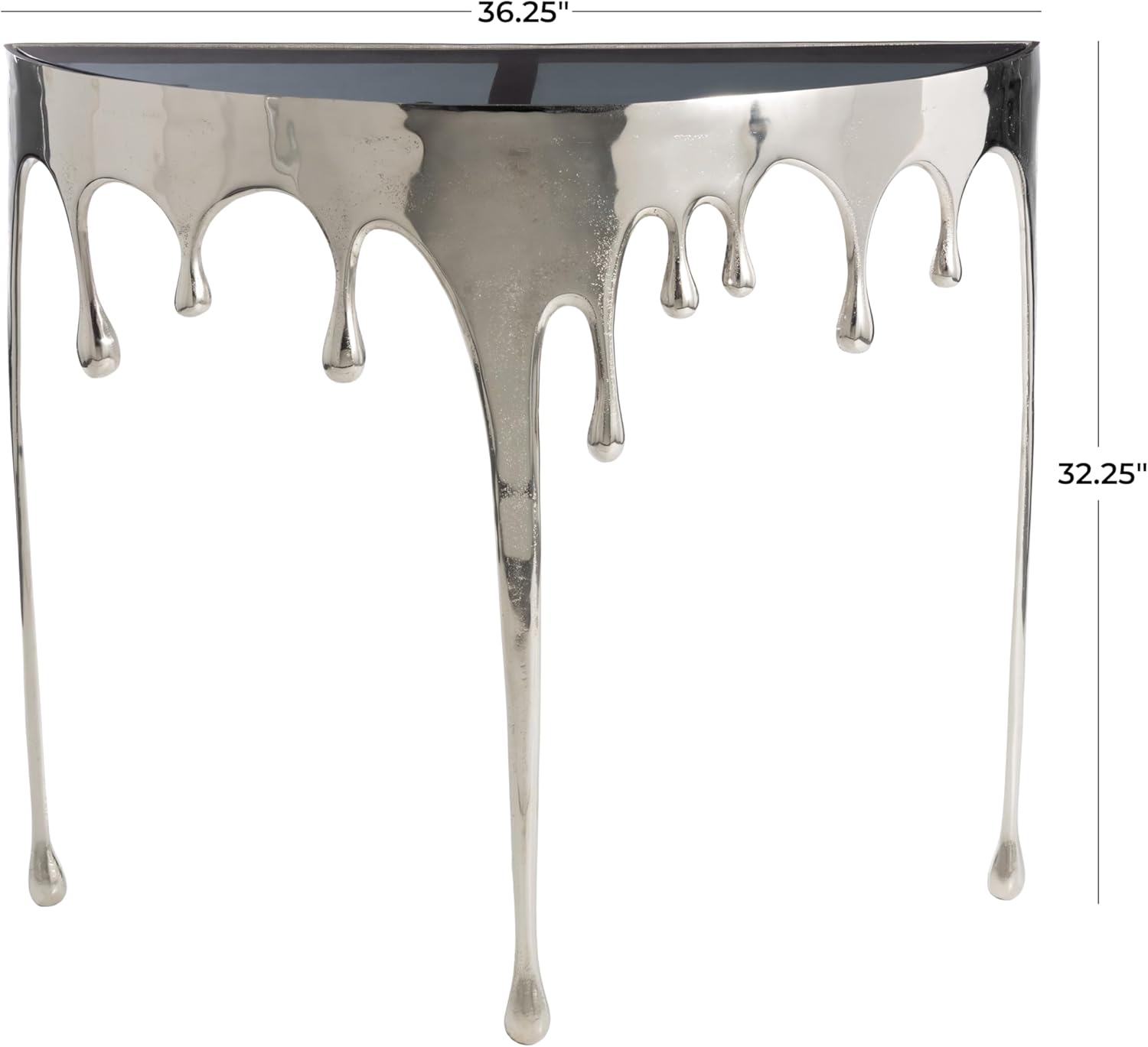 Deco 79 Aluminum Metal Abstract Console Table Drip with Melting Designed Legs and Black Glass Top, 36" x 14" x 32", Silver