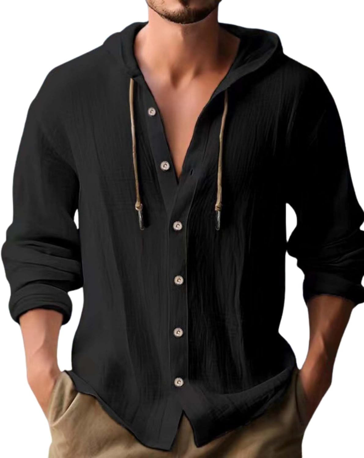 Cotton Linen Hoodie for Men Summer Casual Long Sleeve Button Down Hawaiian Beach Sh...