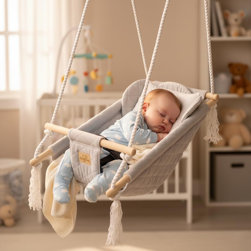 BlueKitty Wiege; Schaukel; Liegestuhl für Kinder; Babyschaukel; Kinderschaukel mit Kissen; Schaukel für Haus und Garten; Babyschaukel, Stoffschaukel, Kleinkindschaukel, Holzschaukel