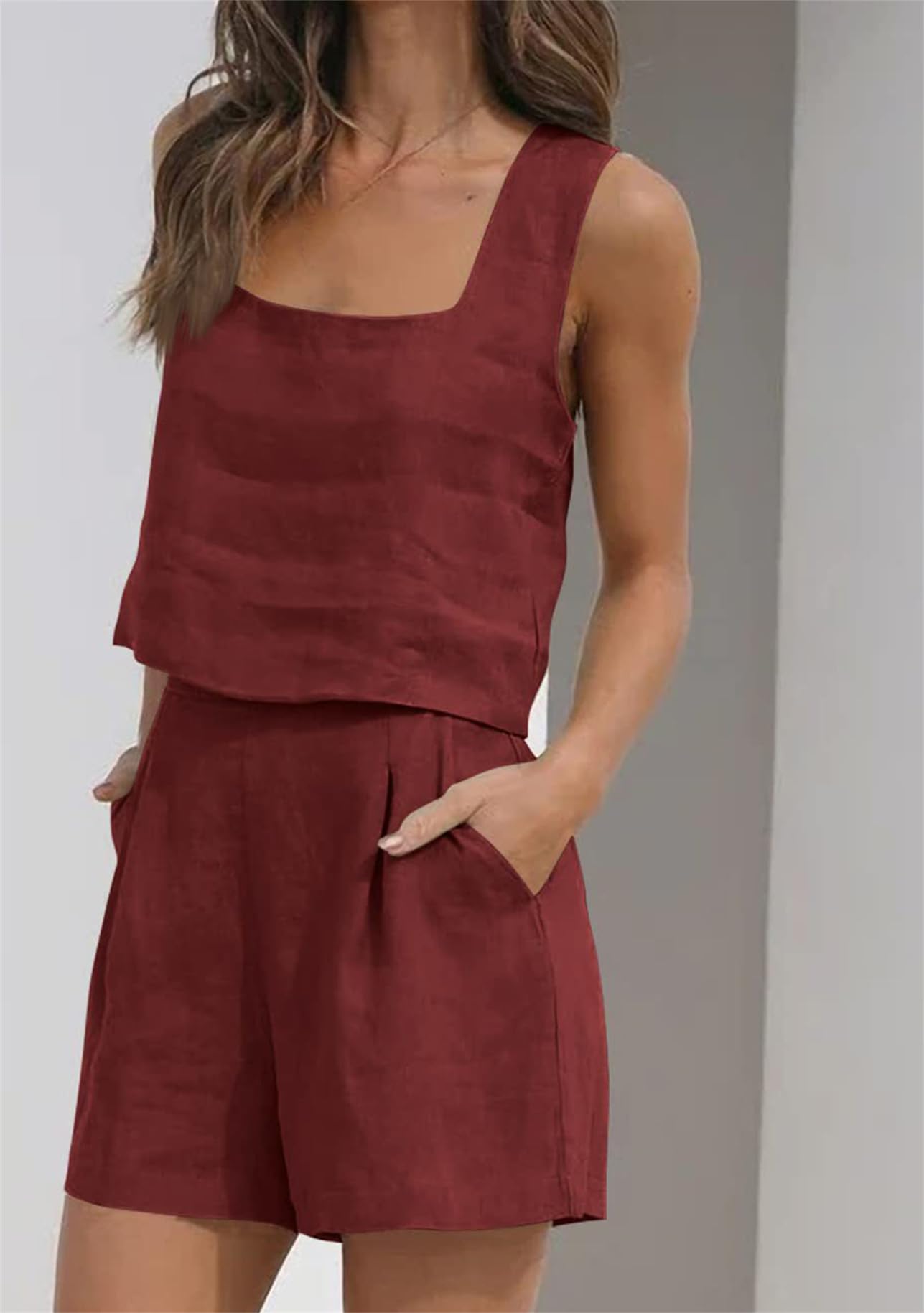 YMING Set di Lino per Le Donne Estate Camicia Senza Maniche Top E Shorts Due Pezzi Outfit Ladies Lounge Wear Matching Sets Vestiti