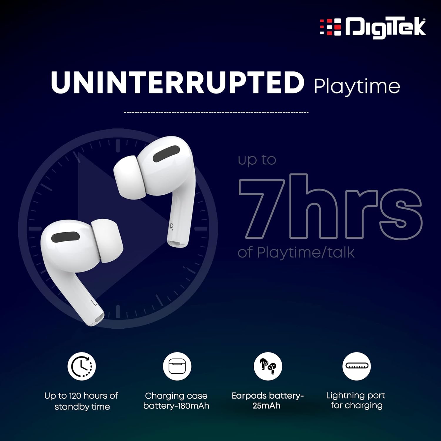 Digitek DTWS-021 AIRTUNE True Wireless Earphones with playtime details