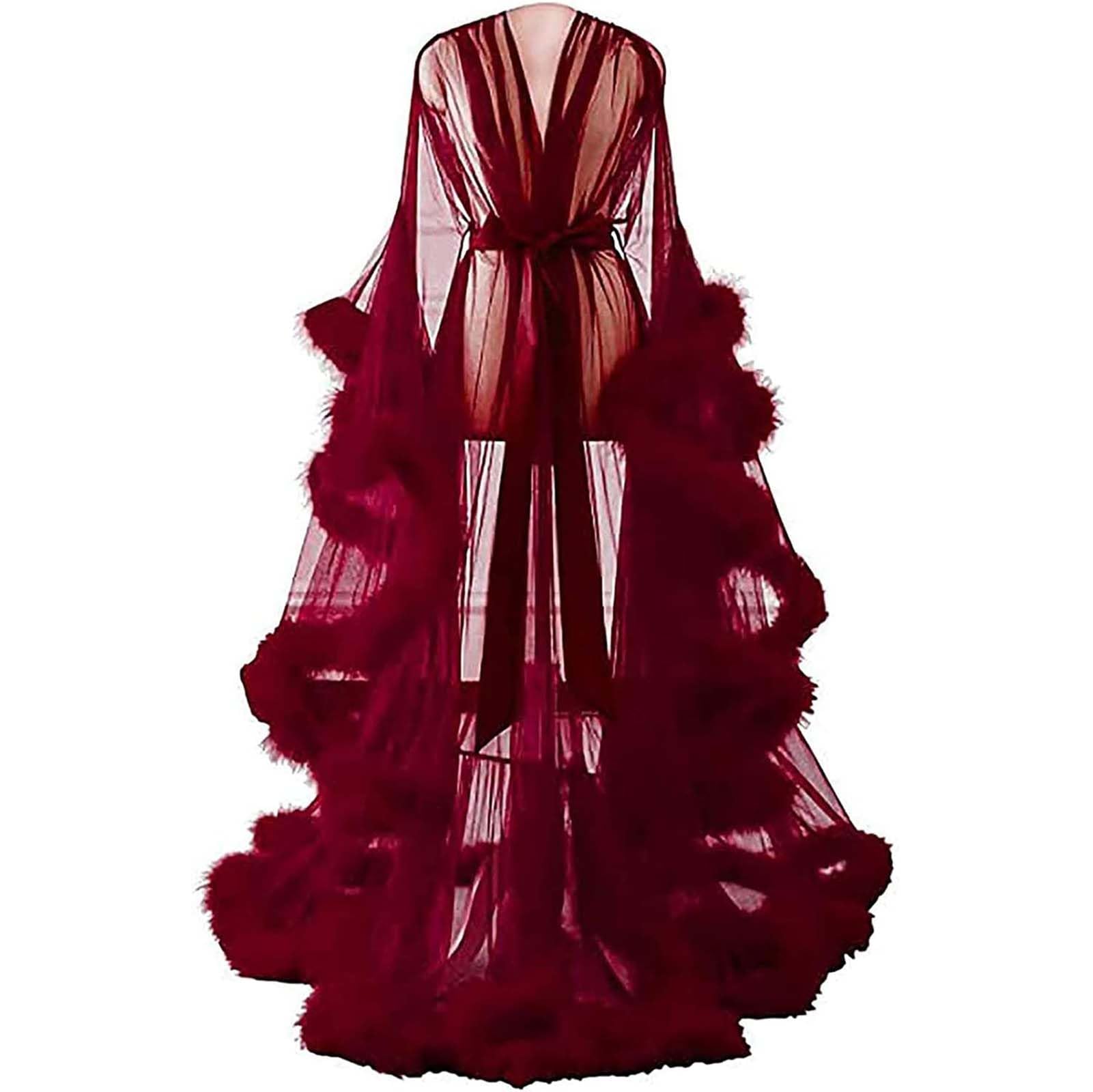 MHNFGDSE Women's Sexy Lingerie Tulle Nightgown Bathrobe Flared Sleeves Nightwear Feather Robe Party Nightwear Kimono Sexy Illusion Christmas Lingerie, One Size