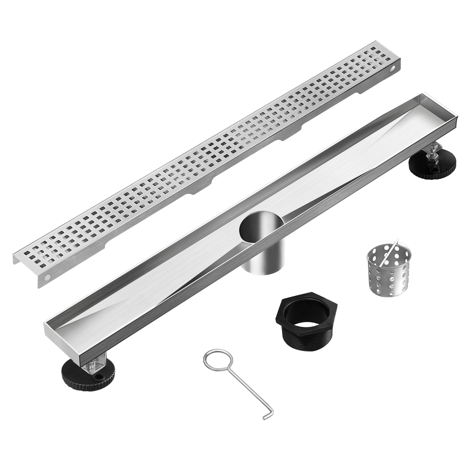Drenaje de Ducha Lineal de 36 Pulgadas con Panel de Rejilla extraíble, Drenaje de Ducha de Acero Inoxidable 304 Cepillado, Drenaje Lineal con colador de Pelo, Patas niveladoras