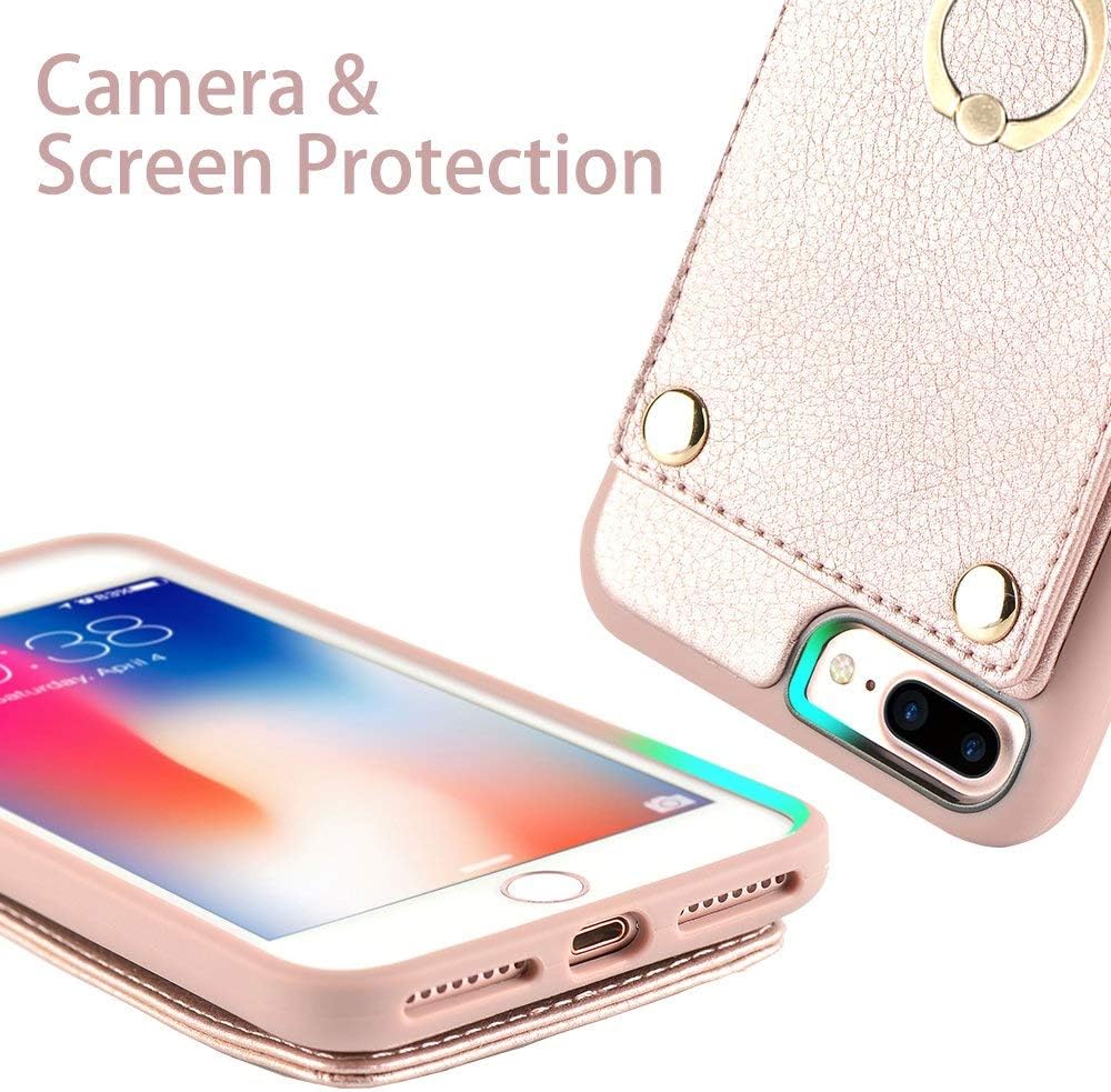LAMEEKU iPhone 8 Plus Wallet Case, iPhone 7 Plus Finger Kickstand Ring Holder Leather Case,Card Holder Slot Case with 360°Rotation Metal Ring Grip Stand, Cover for iPhone 7Plus/8 Plus - Rose Gold