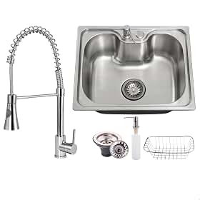 SOFTINOX Kit Cuba Pia Cozinha Inox 201 50x40 Escovada com Torneira Gourmet Monocomando 1 Saída, 2 Jatos, Cesto Escorredor e Dispenser para Detergente – Kit Completo e Excepcional