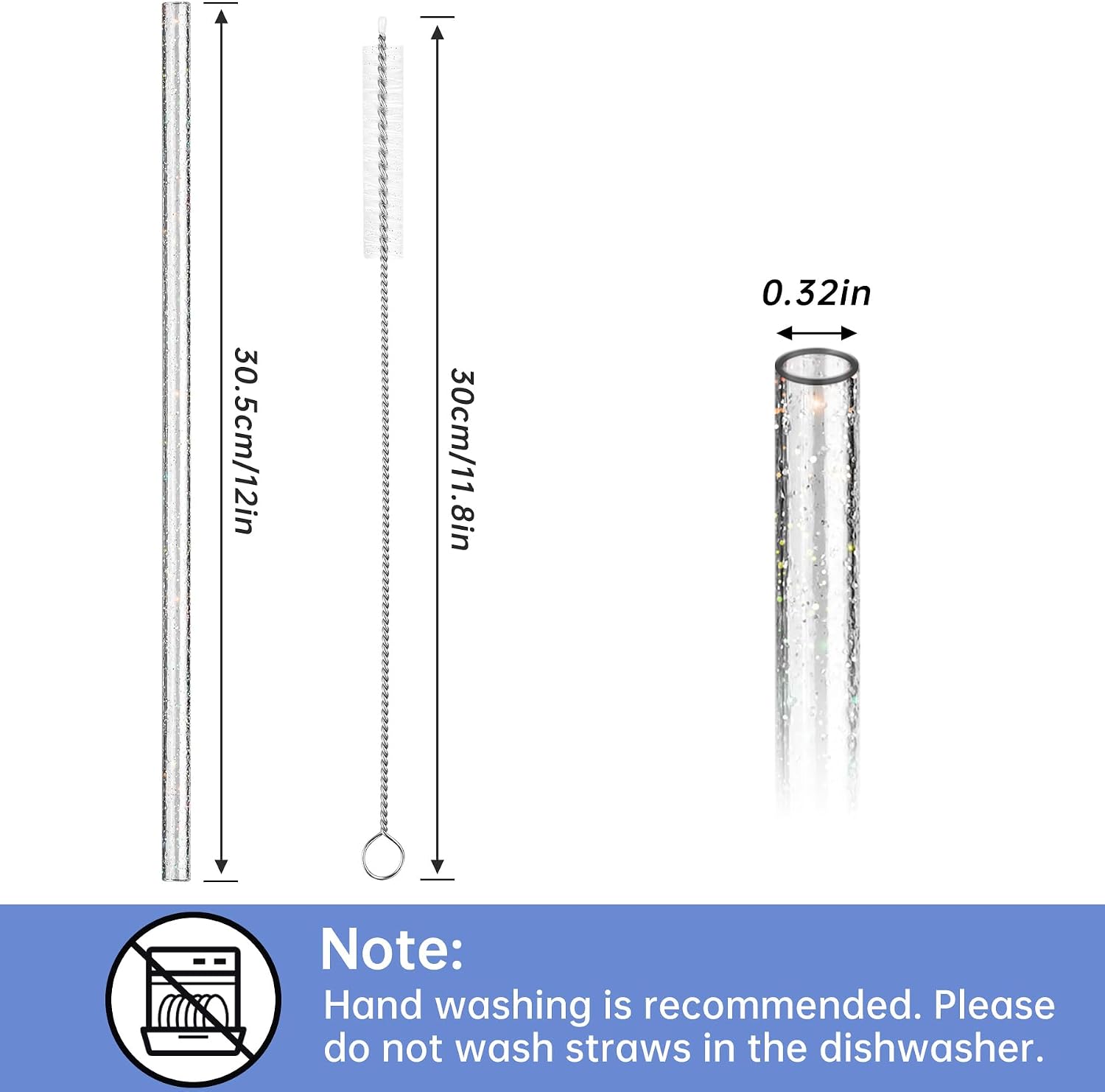NiHome 12-Pack Glitter Replacement Straws Fit for Stanley Tumbler 40OZ & 2 Cleaning Brushes Set, 12" Length BPA-Free Durable PETG Material for Beverages & Cups, Adds Sparkle to Your Drinks (Clear)