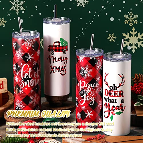Maxdot 4 Pieces Christmas Tumbler Set Stainless Steel Christmas Mug Double Insulated Water Cup Vacuum Skinny Travel Tumbler For Lovers, 20 Oz With Lids Straws And Brushes(Buffalo Grid Style) #TOP5