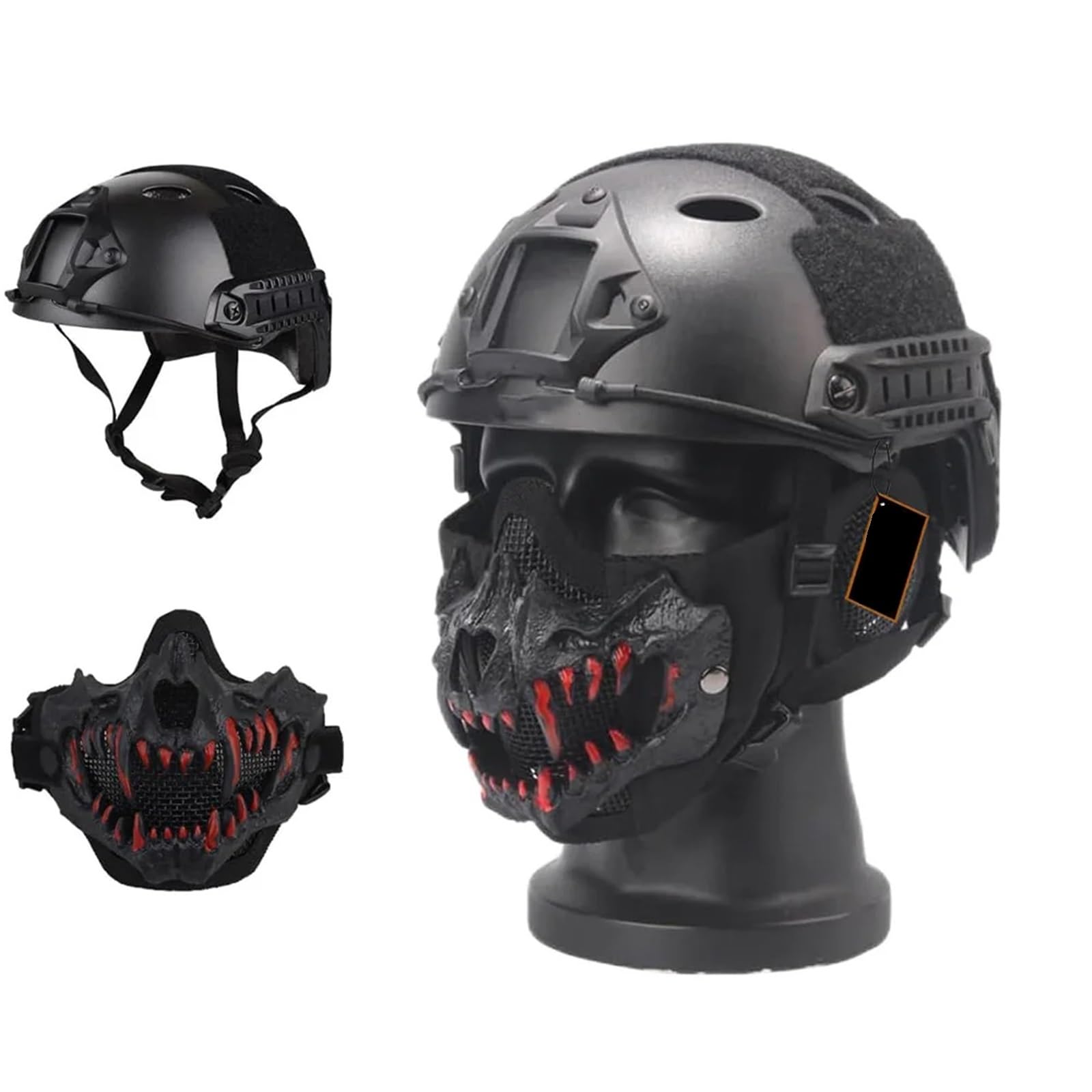 Set Casco tattico Airsoft con Mezze Maschere a Forma di Teschio Maschera Protettiva Tattica in Rete per Il Viso per Halloween e Cosplay Partite di Paintball CS